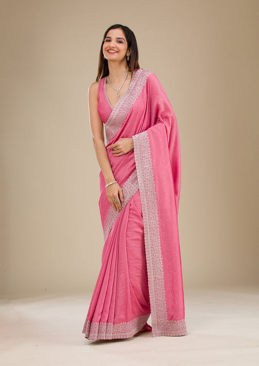 Rani Pink Gold Zariwork Soft Raw Silk Saree